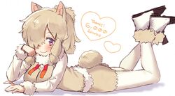  alpaca_ears alpaca_girl alpaca_suri_(kemono_friends) alpaca_tail animal_ears blue_eyes brown_shorts brown_vest commentary feet_up female fur_collar fur_trim hair_bun hair_over_one_eye hair_tubes head_on_hand highres kemono_friends long_sleeves looking_at_viewer lying necktie noamem on_stomach pantyhose red_necktie shirt shorts single_hair_bun smile solo tail vest white_fur white_hair white_pantyhose white_shirt 