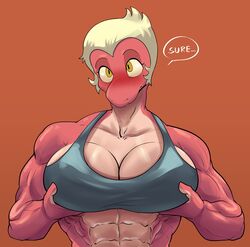  2023 abs amphibia_(series) amphibian anthro big_breasts black_clothing black_topwear blonde_hair blush breasts clothed clothing digital_media_(artwork) disney english_text female general_yunan hair hi_res holding_breast looking_at_viewer muscular muscular_anthro muscular_female newt pink_body pink_skin salamander short_hair simple_background solo speech_bubble text thedarkzircon topwear yellow_eyes 