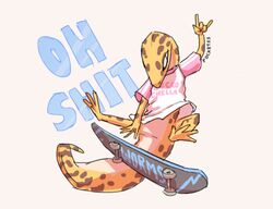  2018 ambiguous_gender anthro clothed clothing devil_horns_(gesture) english_text eublepharid gecko gesture hand_gesture leopard_gecko lizard pocketss profanity reptile scalie shirt simple_background skateboard skateboarding solo text text_on_clothing text_on_shirt text_on_t-shirt text_on_topwear topwear vehicle white_background yellow_body 