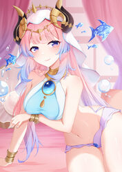  absurdres arm_support blue_gemstone blue_nails blush bracelet breasts closed_mouth cosplay fake_horns female fish gem genshin_impact gold_bracelet gold_choker gradient_hair harem_outfit highres horns jewelry large_breasts long_hair looking_at_viewer lying mengxin_huazha multicolored_hair nilou_(genshin_impact) nilou_(genshin_impact)_(cosplay) on_side oyster pearl_(gemstone) pink_hair purple_eyes purple_hair purple_shorts sangonomiya_kokomi short_shorts shorts smile solo thick_eyebrows veil water_drop 