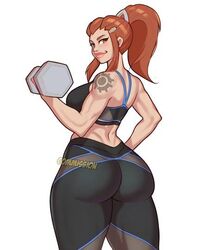  1girls 2023 arm_tattoo ass big_ass blizzard_entertainment breasts brigitte female female_focus female_only gym_clothes jakuson_z leggings lifting_weights muscular_female overwatch ponytail red_hair solo thick_thighs thighs tied_hair white_background 