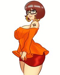  2019 breasts brown_hair earrings female female_focus female_only full_lips hanna-barbera jakuson_z looking_at_viewer miniskirt orange_sweater pawprint_tattoo scooby-doo short_hair sweater tattoo thighs velma_dinkley white_background 