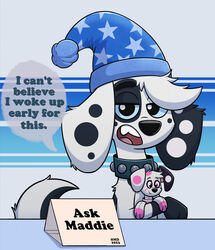  101_dalmatian_street 101_dalmatians blue_eyes canid canine canis complex_background dalmatian dalsky dialogue disney female feral fluffy fluffy_tail hate hmdkoba long_ears maddie_(hdmkoba) mammal plush plushie spots text white_body white_fur white_hair white_skin 