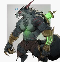  1boy 2023 barazoku blush bulge chris_sdd clothing furry gay hairy hi_res highres league_of_legends male male_focus male_nipples male_only manly muscular_anthro muscular_arms nipples riot_games ripped_clothing solo solo_male teeth teeth_visible warwick werecanid werecanine werewolf 