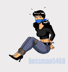  1girls alarmed archie_comics bandana_gag bare_midriff betty_and_veronica black_belt black_hair black_high_heels black_sweater blue_bandana bondage bossman5468 female female_only fully_clothed gagged grey_pants hands_tied_behind_back medium_breasts solo tied_ankles tied_thighs veronica_lodge 