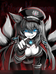  1girl bent_over blue_eyes brown_hair caleen_keemosn cleavage commission ebiblue eyebrows_visible_through_hair female_focus female_only fox_ear fox_girl fox_tail glowing_eyes grin hair_ribbon kemonomimi kitsunemimi looking_at_viewer military_uniform monochrome multiple_tails pointing_at_viewer runes safe_for_work signature simple_background star_ocean star_ocean_anamnesis text_in_background thick_thighs thighhighs twintails very_long_hair 