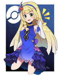  blonde_hair blue_dress blunt_bangs braid dress elbow_gloves female gloves green_eyes hair_ornament highres lillie_(anniversary_2021)_(pokemon) lillie_(pokemon) long_hair official_alternate_costume pokemon pokemon_masters_ex solo twin_braids wakaba_(wata_ridley) 