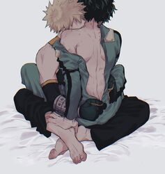  2boys arm_support back bakugou_katsuki bare_shoulders barefoot bite_mark biting black_hair black_pants blonde_hair blush bodysuit boku_no_hero_academia commentary_request facing_away from_behind green_bodysuit green_hair hair_over_eyes hickey highres indian_style long_sleeves male_focus midoriya_izuku multicolored_hair multiple_boys neck_biting off_shoulder pants short_hair single_bare_shoulder sitting spiked_hair tanuki_happa undressing_another unzipping yaoi 