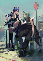  2girls ankle_boots arknights armor bare_arms bare_shoulders black_footwear black_jacket black_pants black_shirt blue_hair boots breastplate ch&#039;en_(arknights) commentary dragon_horns green_hair hand_up hannya_(arknights) highres horns hoshiguma_(arknights) jacket krin_(krinnin) long_hair looking_at_viewer multiple_girls necktie outdoors pants photoshop_(medium) red_eyes shield shin_guards shirt shoes short_shorts short_sleeves shorts single_horn sitting sleeveless sleeveless_shirt thighs white_shirt yellow_eyes yellow_necktie 