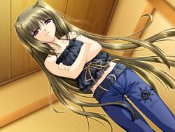  alpha_(yukai_na_nakamatachi) bare_arms belt belt_buckle black_shirt blue_pants blurry blurry_background brown_hair buckle collarbone crossed_arms denim dutch_angle female floating_hair game_cg grey_belt grin hair_between_eyes higuchi_ririko indoors long_hair midriff pants purple_eyes ribbon sharin_no_kuni_yuukyuu_no_shounenshoujo shirt shoulder_tattoo sleeveless sleeveless_shirt smile solo standing stomach straight_hair tattoo very_long_hair wooden_ceiling yellow_ribbon 