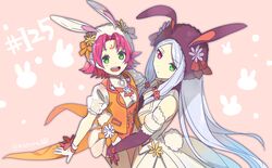  2girls absurdres animal_ears closed_mouth fae_(fire_emblem) fae_(spring)_(fire_emblem) fake_animal_ears fake_tail fire_emblem fire_emblem:_the_binding_blade fire_emblem_heroes from_side gloves green_eyes heterochromia highres idunn_(fire_emblem) idunn_(spring)_(fire_emblem) juria0801 long_hair multiple_girls open_mouth pointy_ears purple_hair rabbit_ears rabbit_tail red_eyes short_hair tail twitter_username white_gloves 