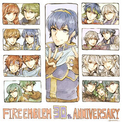  6+boys 6+girls alm_(fire_emblem) anniversary banira_(ri0115ka) belt blue_eyes blue_hair brown_eyes brown_gloves brown_hair byleth_(female)_(fire_emblem) byleth_(fire_emblem) byleth_(male)_(fire_emblem) celica_(fire_emblem) chrom_(fire_emblem) closed_eyes closed_mouth commentary_request corrin_(female)_(fire_emblem) corrin_(fire_emblem) corrin_(male)_(fire_emblem) dual_persona earrings eirika_(fire_emblem) eliwood_(fire_emblem) ephraim_(fire_emblem) finger_counting fingerless_gloves fire_emblem fire_emblem:_genealogy_of_the_holy_war fire_emblem:_mystery_of_the_emblem fire_emblem:_path_of_radiance fire_emblem:_radiant_dawn fire_emblem:_the_binding_blade fire_emblem:_the_blazing_blade fire_emblem:_the_sacred_stones fire_emblem:_three_houses fire_emblem_awakening fire_emblem_echoes:_shadows_of_valentia fire_emblem_fates gloves green_eyes green_hair green_headband grin hairband headband ike_(fire_emblem) jewelry leif_(fire_emblem) long_hair marth_(fire_emblem) micaiah_(fire_emblem) multiple_boys multiple_girls one_eye_closed open_mouth pointy_ears red_eyes red_hair robin_(fire_emblem) robin_(male)_(fire_emblem) roy_(fire_emblem) seliph_(fire_emblem) short_hair smile sothis_(fire_emblem) tiara twitter_username white_hair white_headband 