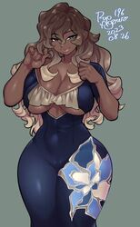  agawa_ryou artist_name black_bodysuit blonde_hair blue_eyes bodysuit breasts brown_hair cleavage clothing_cutout covered_navel curvy dark-skinned_female dark_skin dated english_commentary female fingernails floral_print frills gradient_hair green_background large_breasts legs_together linea_alba lips long_hair looking_at_viewer multicolored_hair no_bra original plunging_neckline print_bodysuit revealing_clothes skin_tight smile solo standing thick_thighs thighs two-tone_hair underboob underboob_cutout very_dark_skin wide_hips 