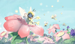  closed_mouth commentary cutiefly day do9bessa english_commentary flower holding looking_at_viewer no_humans outdoors pink_flower pokemon pokemon_(creature) purple_flower ribombee sitting smile 