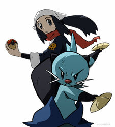  akari_(pokemon) black_hair black_undershirt commentary dewott do9bessa english_commentary eyelashes female galaxy_expedition_team_survey_corps_uniform grey_eyes head_scarf holding holding_poke_ball holding_shell jacket parted_lips poke_ball poke_ball_(legends) pokemon pokemon_(creature) pokemon_legends:_arceus ponytail red_scarf scarf shell sidelocks undershirt white_headwear 