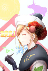  2021 black_gloves black_kimono blonde_hair closed_eyes commentary_request female floral_print fur-trimmed_kimono fur_trim gloves happy_new_year highres japanese_clothes kantai_collection kimono manjukannon mole mole_under_eye mole_under_mouth new_year official_alternate_costume richelieu_(kancolle) smile solo upper_body white_headwear 