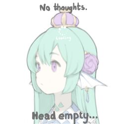  bad_id bad_twitter_id clueless commentary crown english_commentary english_text female finana_ryugu finana_ryugu_(1st_costume) fins fish_girl flower from_side green_hair hair_flower hair_ornament head_fins highres inactive_account looking_ahead meme neck_tattoo nijisanji nijisanji_en no_thoughts_head_empty_(meme) peachyp purple_eyes purple_flower solo tattoo virtual_youtuber white_background 