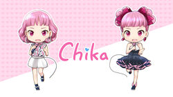  ankle_boots bare_arms black_dress black_footwear blunt_bangs boots bow character_name chibi chika_(vocaloid) collared_shirt commentary double_bun dress dual_persona earrings female frilled_dress frills full_body hair_bun hair_ribbon hairbow heart heart_background holding holding_microphone hoop_earrings jewelry kikuchi_mataha leg_up looking_at_viewer medium_hair microphone music open_mouth outline outstretched_arm pink_background pink_eyes pink_hair print_shirt red_bow ribbon shirt shorts singing sleeveless sleeveless_dress sleeveless_shirt smile standing standing_on_one_leg vocaloid white_outline white_shorts wing_collar 