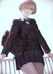  bag blonde_hair commentary female from_above from_below grey_eyes head_tilt highres jacket kaoming looking_at_viewer looking_down miniskirt original outdoors pleated_skirt sakuragi_yayoi school_uniform short_hair skirt smile solo 