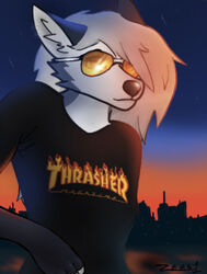  blue_glow canid canid_demon canine demon detailed_background eyewear female fur hair hellhound helluva_boss humanoid loona_(helluva_boss) mammal mythological_canine mythological_creature mythology orange_glow smile solo star sunglasses sunset thrasher_magazine white_body white_hair zees1 