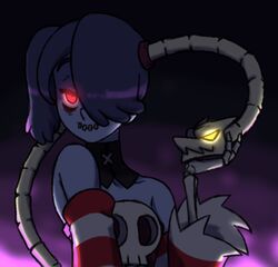  black_background bone female glowing glowing_eyes hair humanoid leviathan_(skullgirls) not_furry one_eye_obstructed ponytail purple_background purple_body purple_hair purple_skin red_eyes rottedpaint separate_sleeves sewn_mouth shoulderless_dress side_ponytail simple_background skull skullgirls smile solo squigly undead yellow_eyes zombie 