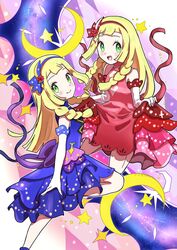  2girls alternate_color bare_shoulders blonde_hair blue_dress blush braid closed_mouth clothes_lift commentary_request dress dress_lift elbow_gloves eyelashes flower gloves green_eyes hair_flower hair_ornament hairband highres leg_up lifting_own_clothes lillie_(anniversary_2021)_(pokemon) lillie_(pokemon) long_hair looking_at_viewer lunala multiple_girls official_alternate_costume pokemon pokemon_(creature) pokemon_masters_ex red_dress red_flower red_hairband sheyona smile star_(symbol) twin_braids white_gloves 