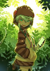  absurdres akuma_(st.takuma) backlighting cellphone commentary cowboy_shot dappled_sunlight day fangs female from_side green_eyes hair_between_eyes hand_in_pocket hand_up headphones highres holding holding_phone hood hood_up hoodie kemono_friends long_sleeves looking_at_viewer looking_to_the_side neck_ribbon open_mouth outdoors phone pink_ribbon pocket ribbon smartphone snake_tail solo striped_clothes striped_hoodie striped_tail sunlight tail teeth tsuchinoko_(kemono_friends) upper_teeth_only 