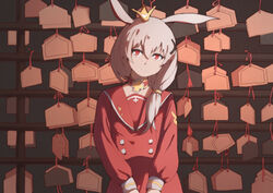  animal_ears closed_mouth crown female fox_ears hair_between_eyes hair_ornament hairpin highres honkai_(series) honkai_impact_3rd long_hair long_sleeves looking_at_viewer outdoors pink_eyes pink_hair school_uniform side_ponytail smile solo theresa_apocalypse theresa_apocalypse_(sakuno_rondo) yang_zheng_yu 