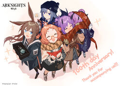  5girls absurdres ahoge amiya_(arknights) anger_vein animal_ears anniversary arknights artist_request beagle_(arknights) black_jacket blue_eyes blush brown_hair brown_scarf cameo cellphone closed_eyes commentary copyright_name english_commentary fang_(arknights) full_body glasses gloves hair_between_eyes hair_ornament hairclip hibiscus_(arknights) highres holding horns jacket knit_hat kroos_(arknights) lava_(arknights) long_hair long_sleeves multiple_girls necktie official_art open_clothes open_jacket open_mouth orange_hair pantyhose phone pointy_ears purple_hair rabbit_ears red-framed_eyewear red_scarf scarf semi-rimless_eyewear shared_clothes shared_scarf shirt short_hair siblings sidelocks sisters skirt smile standing striped_clothes striped_scarf twins under-rim_eyewear watermark white_gloves 