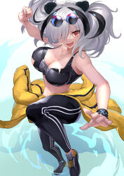  :d alternate_costume animal_ears arknights bad_id bad_pixiv_id bare_shoulders black_footwear black_hair black_pants breasts cleavage clothes_around_waist collarbone eyewear_on_head feater_(arknights) feater_(dojo_star)_(arknights) female foreshortening from_above grey_hair hair_over_one_eye jacket jacket_around_waist large_breasts long_hair looking_at_viewer midriff mokyumokyuchan multicolored_hair official_alternate_costume open_mouth panda_ears pants red_eyes round_eyewear shoes smile sneakers solo sports_bra sunglasses torn_clothes torn_sports_bra track_pants twintails two-tone_hair wristband yellow_jacket 