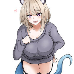  :d animal_ears arknights blonde_hair blush breasts cleavage clothes_pull collarbone commentary cowboy_shot female grey_shirt hair_ornament hairclip heart highres large_breasts long_sleeves maiq06 oerba_yun_fang open_mouth parted_bangs purple_eyes shirt shirt_pull simple_background skin_fang smile solo tail thighhighs thighs utage_(arknights) white_background x_hair_ornament zettai_ryouiki 