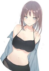  bare_shoulders blue_eyes breasts brown_hair cleavage female halterneck long_hair looking_at_viewer lpip medium_breasts navel open_clothes original shirt_partially_removed solo swimsuit upper_body white_background 