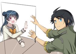  1boy ahoge black_hair blue_eyes blue_hair bracelet check_commentary commentary_request company_connection crossover female glass gundam gundam_tekketsu_no_orphans hair_bun highres jacket jewelry kawanishi_kengo kobayashi_aika long_hair long_sleeves looking_at_viewer love_live! love_live!_sunshine!! mikazuki_augus photo-referenced pink_eyes school_uniform short_hair sidelocks single_hair_bun sleeves_rolled_up sunrise_(company) table tsushima_yoshiko uranohoshi_school_uniform voice_actor_connection zero-theme 