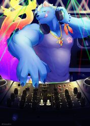  1boy :q absurdres bara blue_fur delta3814 disco disco_ball furry furry_male headphones headphones_around_neck highres looking_at_viewer male_focus mohawk muscular muscular_male music nyarlathotep_(housamo) pectoral_cleavage pectorals purple_tank_top sidepec solo tank_top tokyo_afterschool_summoners tongue tongue_out upper_body 