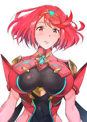  absurdres backless_outfit bob_cut breasts chest_jewel drop_earrings earrings female gem headpiece highres impossible_clothes jewelry large_breasts pyra_(xenoblade) red_eyes red_hair short_hair simple_background skindentation solo swept_bangs tiara ug333333 white_background xenoblade_chronicles_(series) xenoblade_chronicles_2 