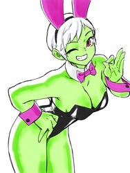  absurdres animal_ears bare_legs black_leotard bow bowtie breasts cheelai cleavage colored_skin cowboy_shot detached_collar dragon_ball dragon_ball_super dragon_ball_super_broly fake_animal_ears fake_tail female green_skin hand_on_own_hip hand_up highres leotard medium_breasts ok_sign one_eye_closed parted_lips playboy_bunny purple_bow purple_bowtie purple_eyes rabbit_ears rabbit_tail short_hair simple_background smile solo strapless strapless_leotard tail toshinoshin white_background white_hair wrist_cuffs 