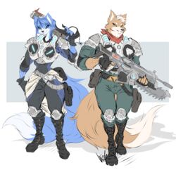  anthro armor bandana blue_body blue_fur blue_hair bodysuit boots canid canine clothing dullvivid duo epic_games female fingerless_gloves footwear fox fox_mccloud fur gears_of_war gloves hair half-closed_eyes handwear hi_res kerchief krystal_(star_fox) male mammal microsoft multicolored_body narrowed_eyes neckerchief nintendo orange_body orange_fur science_fiction simple_background skinsuit smile smirk smug smug_face star_fox tan_body tan_fur tight_clothing two_tone_body white_background white_body white_fur white_hair xbox_game_studios 