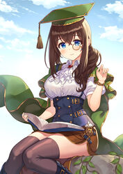  ascot black_footwear black_thighhighs blue_eyes blue_sky blush book boots bracelet brooch brown-framed_eyewear brown_hair brown_skirt cape closed_mouth cloud cloudy_sky collared_shirt commentary day female green_cape green_hat hair_over_shoulder hamahama hat highres holding holding_book idolmaster idolmaster_cinderella_girls ivy jewelry long_hair looking_at_viewer miniskirt monocle mortarboard outdoors pencil_skirt plant pocket_watch puffy_short_sleeves puffy_sleeves round_eyewear sagisawa_fumika shirt short_sleeves sitting skindentation skirt sky smile solo stone thighhighs underbust vines watch waving white_ascot white_shirt wind 