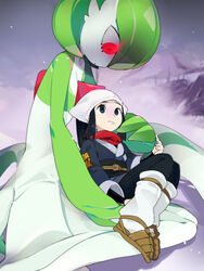  1n7mm 3:4 akari_(pokemon) alpha_pokemon ambiguous_gender bent_legs better_version_at_source chest_spike clothed clothing dress duo female gardevoir generation_3_pokemon gentle_giant green_body green_hair hair hair_over_eye holding_partner human humanoid looking_down mammal mouth_closed nervous_smile nintendo not_furry on_lap on_model one_eye_obstructed outside pokemon pokemon_(species) pseudo_clothing red_eyes red_scarf scarf sitting sitting_on_lap snow snowing spikes spikes_(anatomy) teeth white_body white_clothing white_dress 