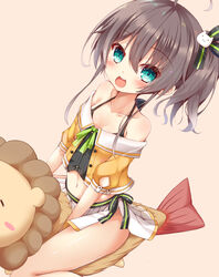  :d ahoge bare_legs bare_shoulders black_camisole black_ribbon blue_eyes blush brown_hair camisole cat_hair_ornament collarbone crop_top cropped_jacket ebi_frion_(natsuiro_matsuri) female green_ribbons hair_between_eyes hair_ornament hair_ribbon halterneck highres hololive jacket looking_at_viewer miniskirt natsuiro_matsuri natsuiro_matsuri_(1st_costume) navel neck_ribbon nekono off-shoulder_jacket off_shoulder open_mouth orange_jacket pinstripe_camisole pinstripe_pattern pleated_skirt ribbon short_hair short_sleeves side_ponytail side_slit simple_background sitting skirt smile solo spaghetti_strap striped teeth upper_teeth_only virtual_youtuber white_skirt 