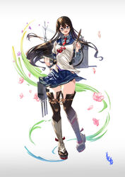  aircraft_catapult black_hair blue_eyes blush breasts cannon female flower full_body glasses gradient_background granblue_fantasy_(style) hair_between_eyes hairband high_heels highres hip_vent kantai_collection lace lace-trimmed_legwear lace_trim long_hair long_sleeves looking_at_viewer necktie ooyodo_(kancolle) open_mouth pen petals platform_footwear platform_heels radio_antenna red_necktie ribbon school_uniform semi-rimless_eyewear serafuku simple_background skirt small_breasts smile solo thighhighs turret under-rim_eyewear white_background white_ribbon youmou_usagi 