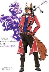  adrien_warmher age_difference ambiguous_gender anthro blue_clothing blue_shirt blue_topwear canid canine canis clothing duo fox goo_creature hi_res hybrid jacket jojo&#039;s_bizarre_adventure kepi male male/ambiguous mammal older_male red_clothing red_jacket red_topwear shirt stand_(jjba) topwear traditional_media_(artwork) weapon wolf xefino 