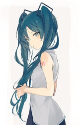  bare_arms bare_shoulders black_skirt blush breasts collared_shirt commentary female from_side green_eyes green_hair grey_background grey_shirt hair_between_eyes hair_ornament hatsune_miku holding holding_own_hair long_hair lpip parted_lips pleated_skirt shirt skirt sleeveless sleeveless_shirt small_breasts solo symbol-only_commentary twintails very_long_hair vocaloid 