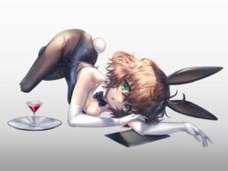  adashi_makoto alcohol animal_ears bare_shoulders black_leotard black_pantyhose borrowed_character bow bowtie breasts brown_hair cleavage cocktail_glass cup detached_collar drinking_glass elbow_gloves fake_animal_ears fake_tail female gloves green_eyes grey_background highres leotard looking_at_viewer lying on_side open_mouth original outstretched_arm pantyhose playboy_bunny rabbit_ears rabbit_tail short_hair simple_background small_breasts solo strapless strapless_leotard tail thighs tray white_gloves 