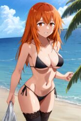  1girls ai_generated beach big_breasts bikini black_bikini black_thighhighs breasts fair-skinned_female fair_skin female_only gamo-chan large_breasts legs light-skinned_female light_skin long_hair looking_at_viewer navel orange_eyes orange_hair palm_tree pixai please_don&#039;t_bully_me,_nagatoro sea skinny solo standing thighhighs 