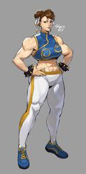  abs absurdres artist_name bracelet brown_hair chun-li double_bun female grey_background hair_bun hands_on_own_hips highres jewelry looking_to_the_side midriff muscular muscular_female pants sheep_shin shoes signature simple_background smile sneakers solo spiked_bracelet spikes street_fighter street_fighter_6 tight_clothes tight_pants turtleneck 