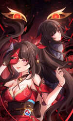  2girls :d absurdres bare_shoulders bell black_choker black_gloves black_jacket blazer blush breasts brown_hair bug butterfly choker cleavage covering_one_eye cowboy_shot criss-cross_halter dress dual_persona flower fox_mask gloves grin hair_ornament hairpin halterneck hand_up highres holding holding_mask honkai:_star_rail honkai_(series) jacket large_breasts long_hair looking_at_viewer mask multiple_girls nail_polish neck_bell o-ring obi open_mouth pink_eyes red_dress red_nails sash school_uniform shouhaku0512 sidelocks single_glove sleeveless sleeveless_dress smile sparkle_(honkai:_star_rail) sparkle_(school_uniform)_(honkai:_star_rail) spider_lily straight_hair string string_of_fate teeth twintails 