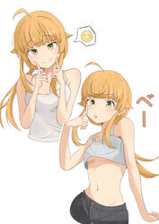  absurdres ahoge akanbe black_shorts blonde_hair blush breasts cropped_legs cropped_shirt cropped_torso eyelid_pull female fingersmile green_eyes highres long_hair multiple_views mushoku_tensei norn_greyrat ponytail root_(1732050807point) shirt shorts simple_background small_breasts smile spoken_emoji tongue tongue_out underboob white_background white_shirt 