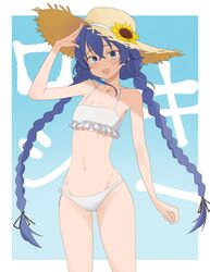  absurdres armpits bikini black_ribbon blue_eyes blue_hair blush braid breasts feet_out_of_frame flower frilled_bikini_top groin hair_between_eyes hair_ribbon hand_in_own_hair hat hat_flower highres long_hair looking_at_viewer mushoku_tensei navel ribbon root_(1732050807point) roxy_migurdia simple_background small_breasts stomach straw_hat sun_hat sweat swimsuit twin_braids very_long_hair white_bikini 