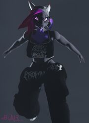  3d_(artwork) absurd_res alternative_fashion anthro band_merch band_shirt beanie biped blair_(unmakeyourself) bottomwear bovid breasts bring_me_the_horizon caprine clothed clothing crop_top digital_media_(artwork) emo eyewear female fur glasses goat hair hat headgear headwear hi_res horn jumping mammal midair midriff open_mouth oversized_bottomwear oversized_clothing oversized_pants pants pupils shirt smile solo symbol-shaped_pupils tail topwear unmakeyourself_(artist) unusual_pupils 